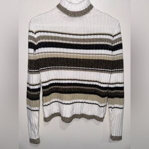Vintage 90s Size S Ribbed Striped Acrylic Knit Turtleneck Stretchy Sweater